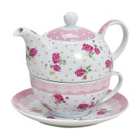 Tea For One Teekannen Set Rosen mit rosa Borte 3-tlg. Teeset aus Porzellan