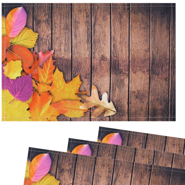 Tischset Textil CLOTH waschbar buntes Herbstlaub Blätter Holzbrett bunt 4er Set