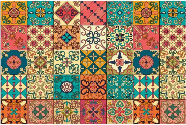 Teppichläufer Küchenläufer Teppich Marokko Retro Mosaik bunt waschbar - 60x90 cm