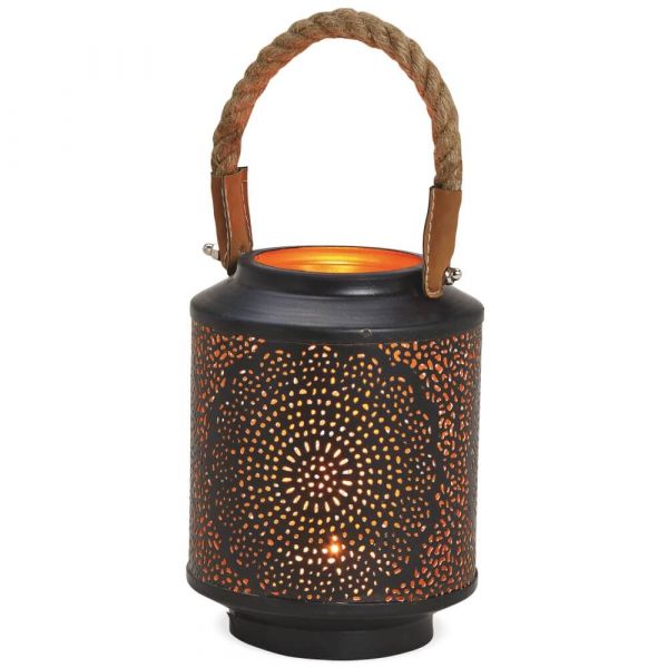 Windlichter Kerzenhalter konisch Lochmuster & Kordel – schwarz gold – 2 Größen