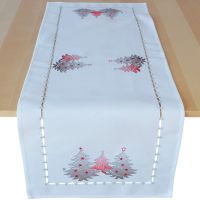 Tischläufer Mitteldecke Weihnachten Stick Tannenbäume rot silber 40x110 cm weiß
