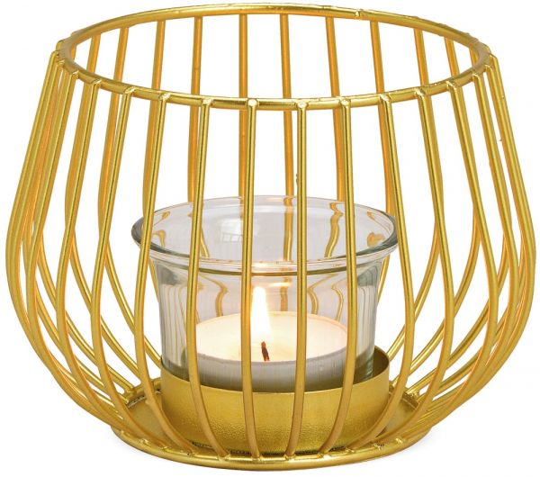 Windlicht aus Metallstäben & Kerzengläser Teelichtgläser gold 1 Stk Ø 12x9 cm
