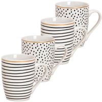 Kaffeetassen Tassen Streifen Punkte Porzellan schwarz weiß gold 4er Set sort 10 cm