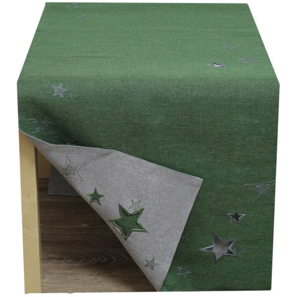 Tischläufer ALESSIA Sterne gestanzt zweiseitig grün grau Polyester 50x150 cm