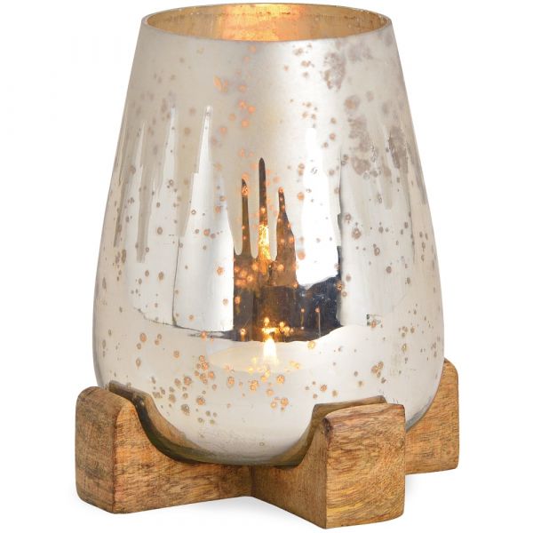 Teelichtglas Windlicht silber antik & Mangoholz Sockel Kerzenhalter 1 Stk Ø 12 cm