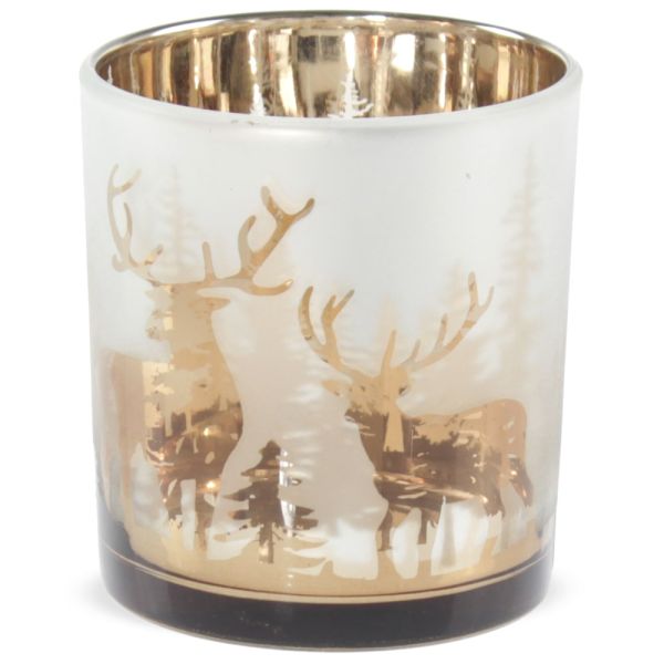 Kerzenglas Wald Rentiere Windlichter Teelichtglas Glas gold 7,3x8 cm