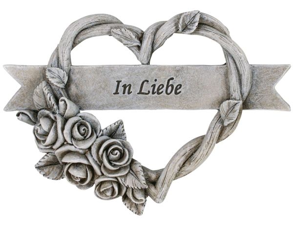 Grabschmuck Herz mit Rosen IN LIEBE Grabdeko grau 14,5 cm