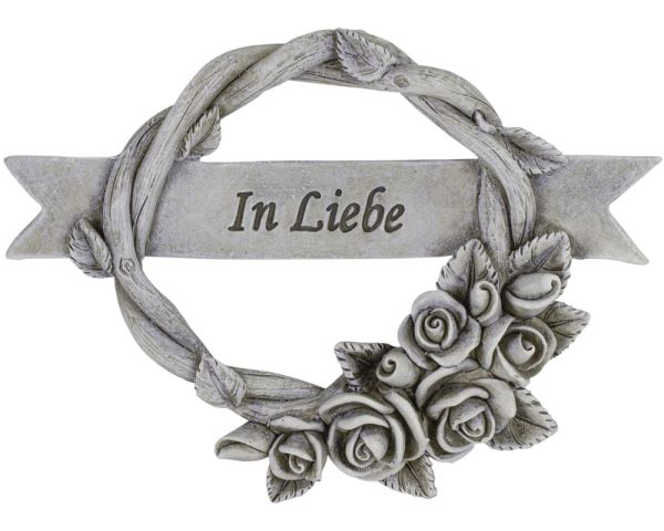 Grabschmuck Ring mit Rosenranke IN LIEBE Spruch Metallöse grau 14,5x10x2 cm