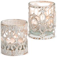 Kerzengläser Windlichter Teelichtgläser Barock Ornament vintage weiß 2er klein