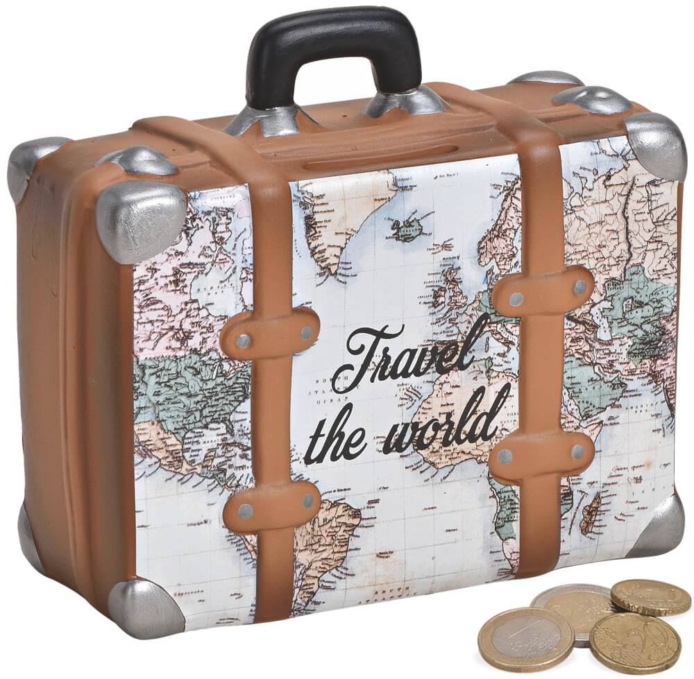 Spardose Globus Urlaubskasse aus Keramik Sparbüchse Globus Sparschwein Reise 