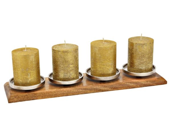 Adventsgesteck länglich modern Kerzenhalter Holz Metall natur silber 61 cm