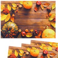 Tischsets Stoff CLOTH waschbar Herbstfrüchte Kürbisse Holzbrett braun orange 4er