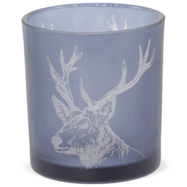 Kerzenglas Teelichtglas Hirsch milchig Windlicht Glas grau 7,3x8 cm