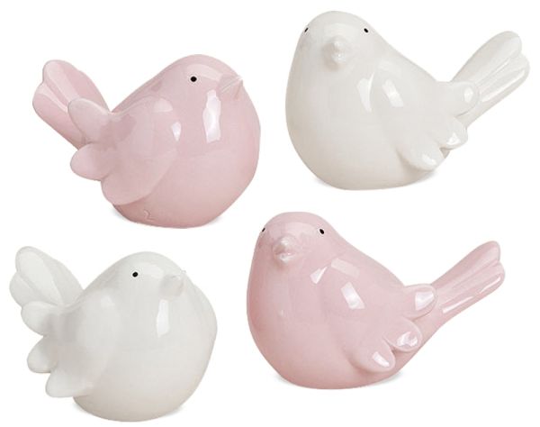 Vogel Vögelchen Frühlingsdeko Ostern Figuren Keramik 4er Set rosa & weiß 9 cm