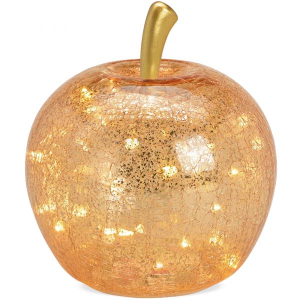 Apfel & 30er LED Licht & Timer Dekoapfel Dekoobst Glas Obst gold 1 Stk Ø 24 cm