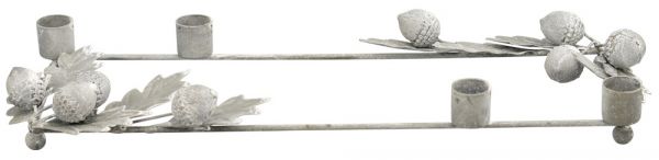 Kerzenständer Tischdeko mit Blättern & Eicheln Kerzenhalter Metall grau 41x5,5 cm