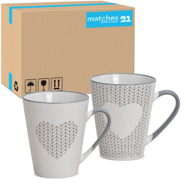 Kaffeetassen Tassen Zick Zack & Herz Design weiß grau Steingut 36 Stk sort 10 cm