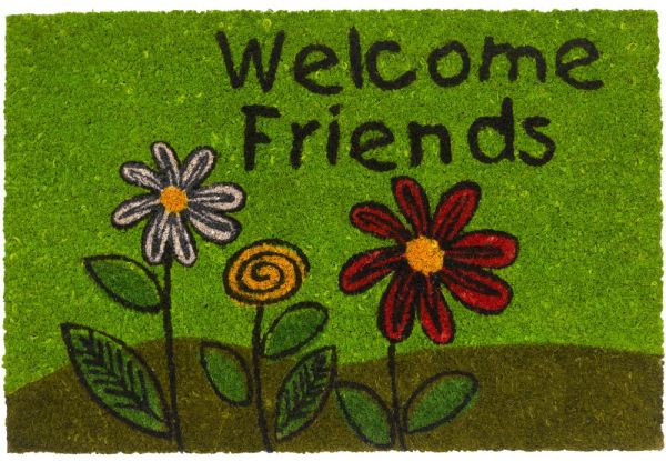 Fußmatte Kokosmatte Indoor bedruckt grün bunte Blumen & Welcome Friends 40x60 cm