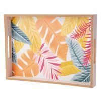 Holztablett rechteckig mit tropischem Muster in bunten Farben