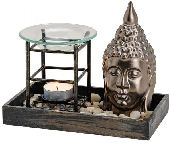 Buddha Kopf Duftlampe mit Tablett & Stövchen für Teelichter Deko Keramik 1 Stk 19 cm