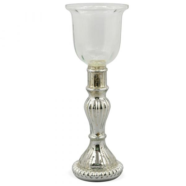 Windlicht kelchförmig Teelichtglas Teelichthalter Glas silber 1 Stk Ø 10,5x30 cm
