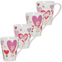 Kaffeetassen Tassen Herz Motiv verspielt weiß lila rosa Porzellan 4er Set sort 11 cm