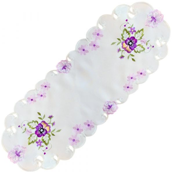 Tischläufer Stiefmütterchen weiß & Stick lila Polyester 1 Stk 30x70 cm oval