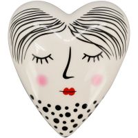 Herz Dekoherz Keramik mit Gesicht & langen Haaren schlafend schwarz weiß Punkte