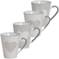 Kaffeetassen Tassen Zick Zack & Herz Design weiß grau Steingut 4er Set sort 10 cm