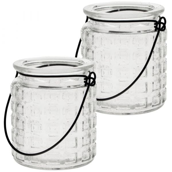 Windlichter mit Henkel Muster Relief Kerzengläser Glas transparent 2er Ø 8x9 cm