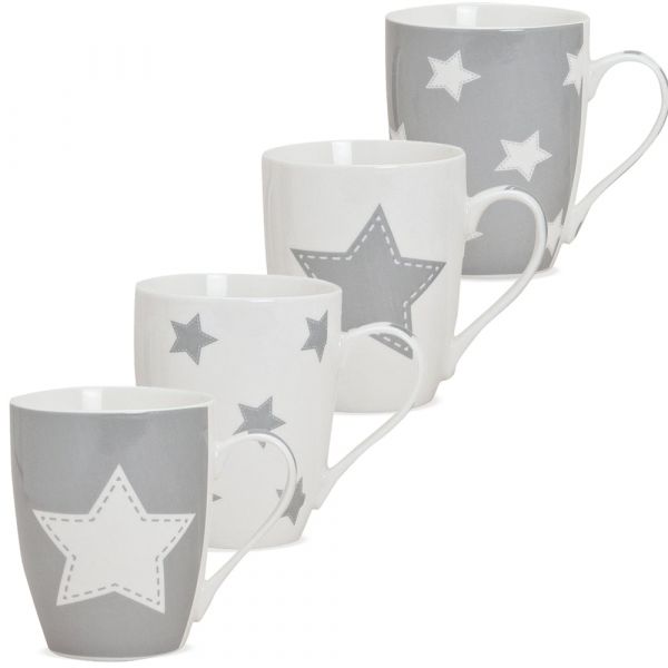 Tassen Becher Kaffeebecher Weihnachten Sterne grau Porzellan 4er Set 10 cm 300 ml