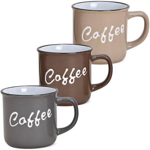 Kaffeetassen Tassen Emailleoptik COFFEE grau braun beige Steingut 3er Set 9 cm 345 ml