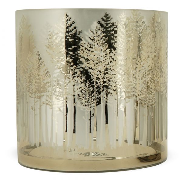Schöne Windlicht Motiv Tannenbäume Wald aus Glas milchig klar Ø 7x8 cm