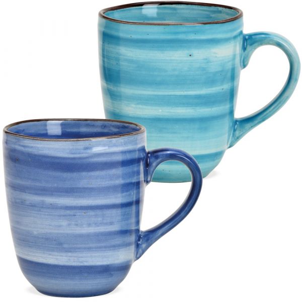 Tassen mit modernem Strudel Dekor Steingut Kaffeetassen Blautöne 2er sort 10 cm