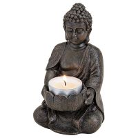 Buddha Figur Deko sitzend Garten Teelichthalter braun 14 cm