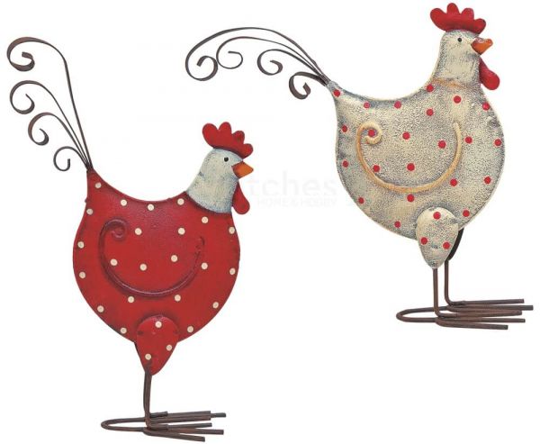 Hennen Hühner Dekofiguren Metall Ostern Frühling Figur weiß & rot 2er Set 16 cm