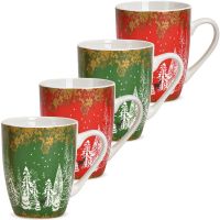 Tassen Kaffeebecher Tannenbäume Wald rot grün Porzellan 4er Set sort 340 ml 10 cm