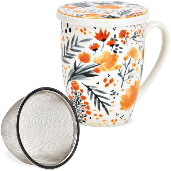 Teetasse Teebecher mit Deckel & Sieb Blüten Blätter orange Porzellan 1 Stk B-WARE