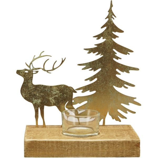 Kerzenhalter Teelichthalter Hirsch Baum Holzfuß Aufsteller gold 20,5 cm
