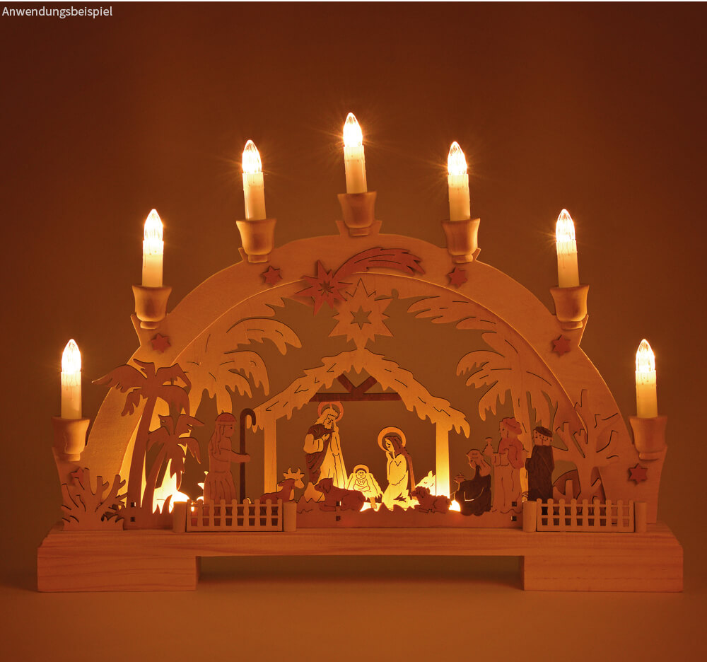Schwibbogen Lichterbogen Weihnachtskrippe & 7 LED-Kerzen Fensterdeko 1 Stk  45x33 cm kaufen