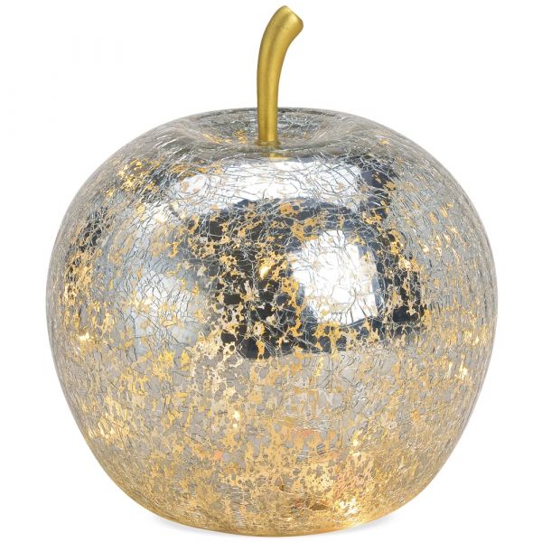 Apfel & 20er LED Licht & Timer Dekoapfel Dekoobst Glas Obst silber 1 Stk Ø 16 cm