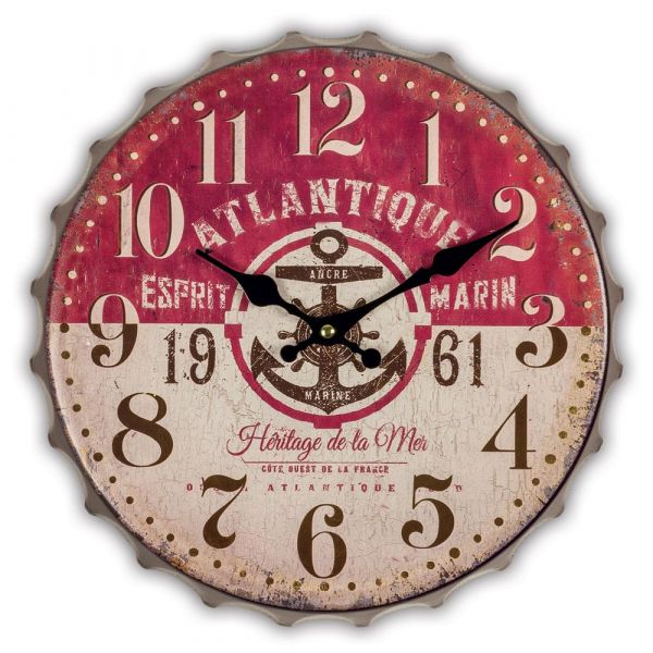 Wanduhr Vintage arabische Ziffern Kronkorken Metall 1 Stk Ø 33x6 cm rot-weiß