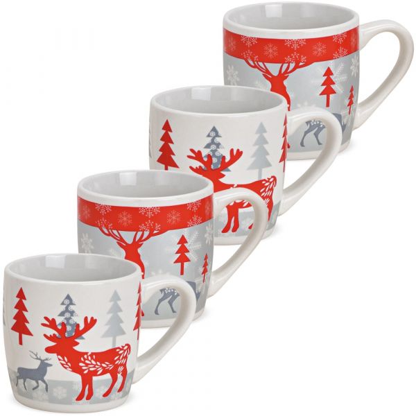 Tasse Kaffeebecher Bäume & Rentiere rot ODER grau Keramik 1 Stk B-WARE 8 cm