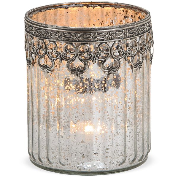 Teelichtglas Windlicht Orientalisch Marokko & Metalldekor silber antik 12 cm