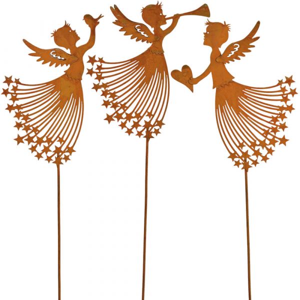 Engel im Sternenkleid Dekostecker Gartendeko Metall Rostoptik 3er sort 66 cm