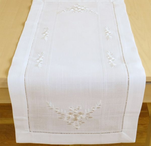 Tischläufer Mitteldecke Stickerei weiße Blumen Hohlsaum Tischwäsche 40x90cm