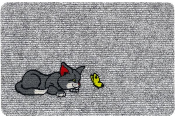 Fußmatte RIPS Nadelfilz Motiv Katze & Schmetterling Indoor 1 Stk - 40x60 cm grau