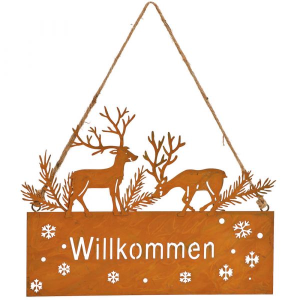 Schild mit Hirschen & Schriftzug WILLKOMMEN Türschild Rostoptik Metall 1 Stk 22 cm