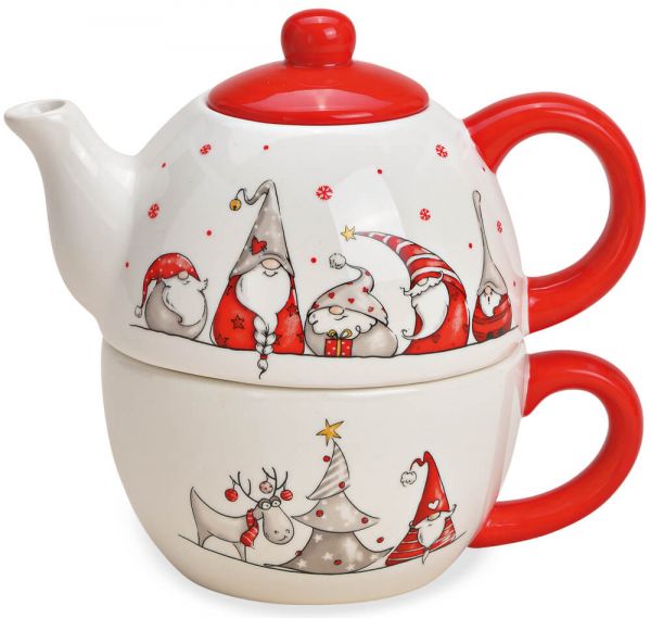 Tee4One Tee Set Wichtel Weihnachten Dekor Keramik weiß rot Kanne & Tasse 400 ml
