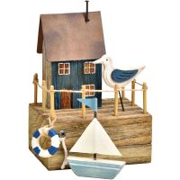 Bootshaus maritim Hafen Szene mit Möwe Boot & Häuschen Figur Holz 1 Stk 13 cm